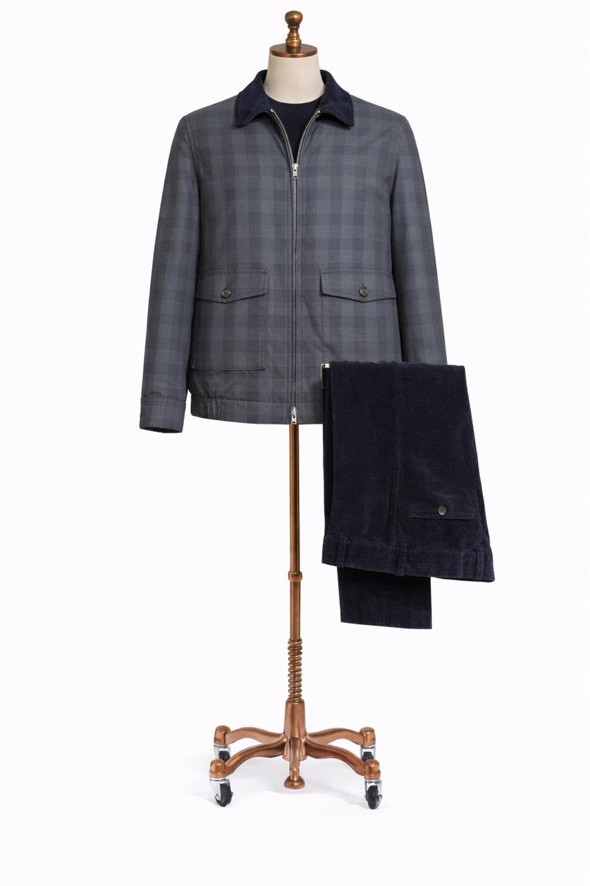 Chaqueta de Nylon gris a cuadros con pantalón pana - Image 2