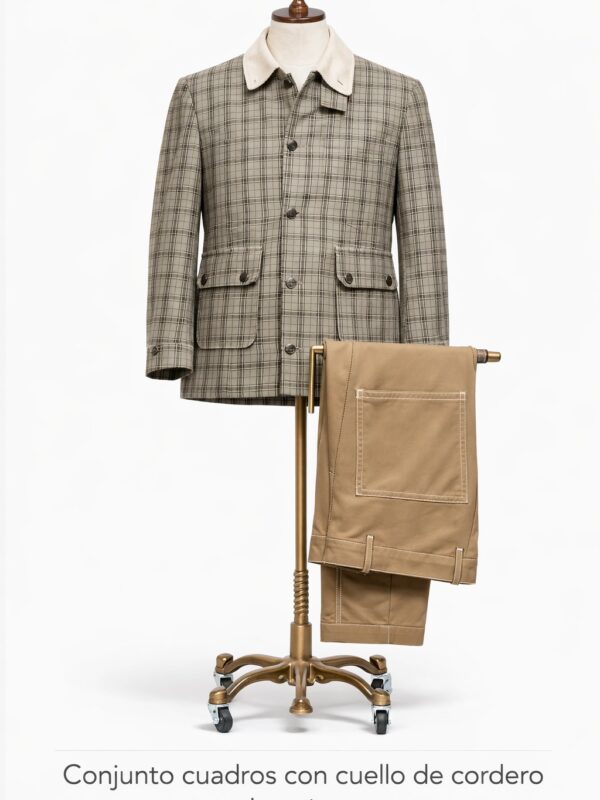 Chaqueta de Nylon verde a cuadros con pantalón denim cafe