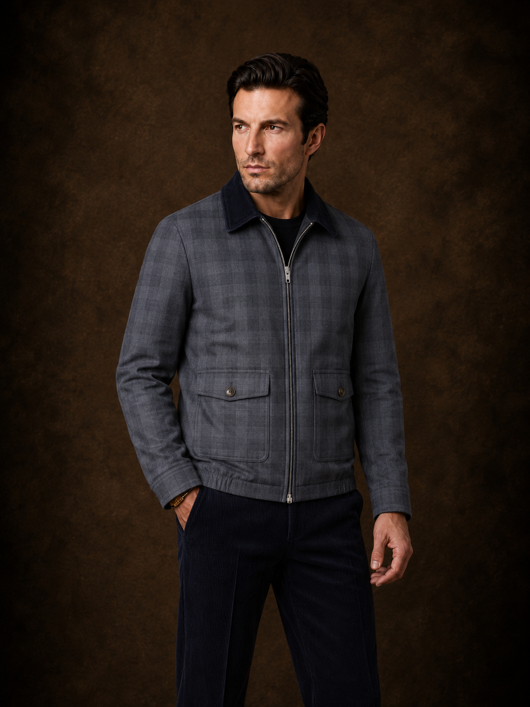 Chaqueta de Nylon gris a cuadros con pantalón pana