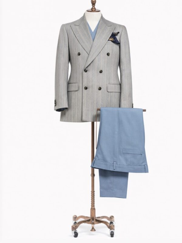 Traje Cruzado 2 piezas gris azul celeste