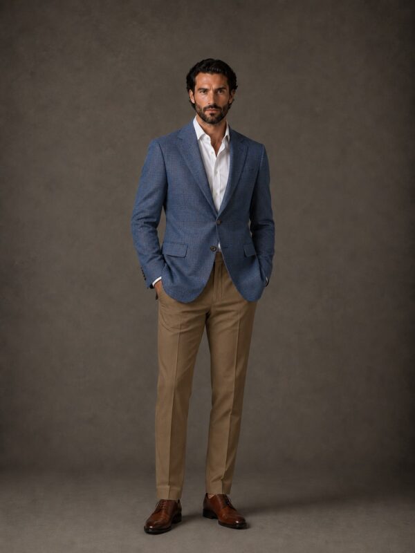 Traje Azul Cenizo Príncipe de Gales con Pantalón Café
