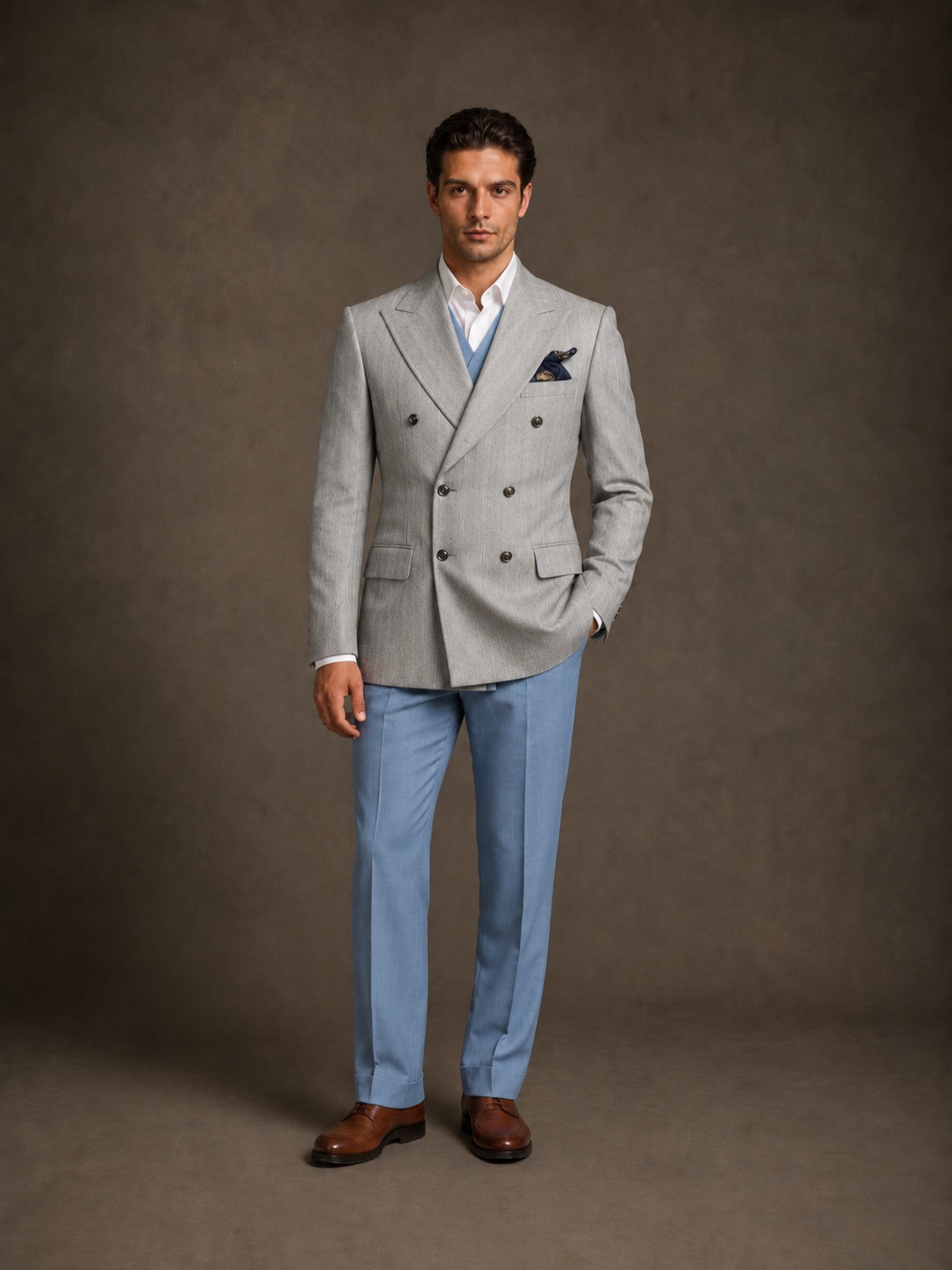 Traje Cruzado Gris Perla con Pantalón Azul Cielo
